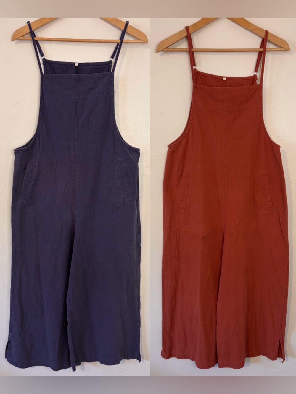 2 Pairs of Wide-Leg Linen Blend Overalls - Navy & Rust Women’s Small